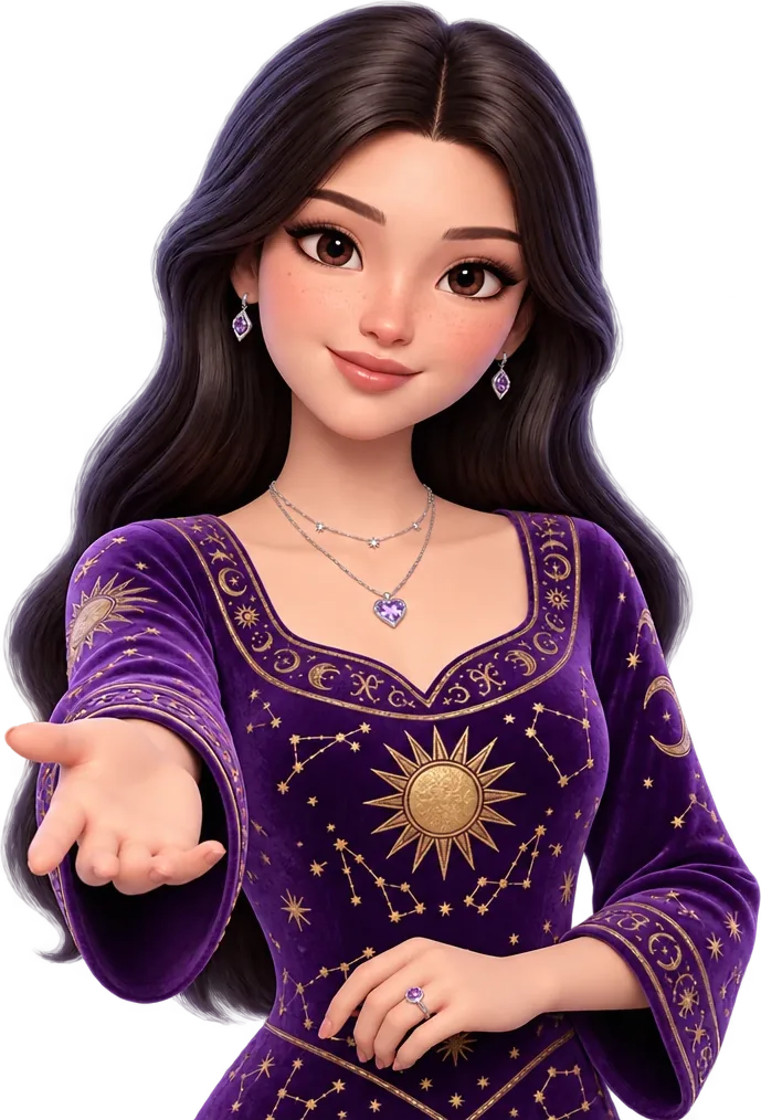 Natalie, the app's guide, in a purple dress embroidered with suns and moons, reaching out her hand